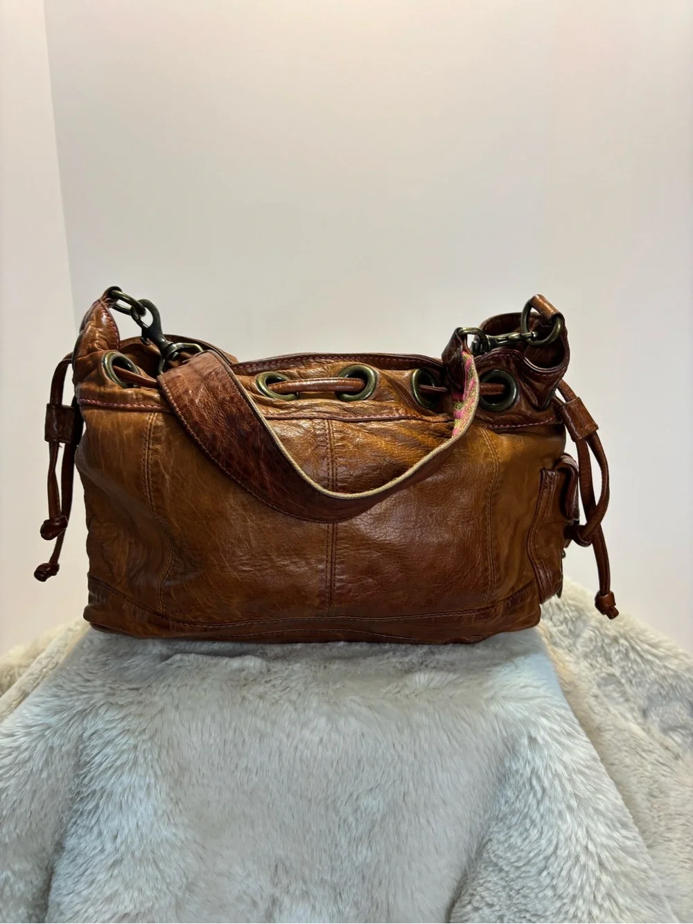 Plenty by Tracy Reese Brown Leather Hobo Bag Boho Y2K Cargo Multi Pocket
